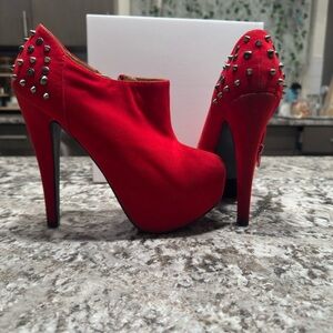 Vintage Red Suede studded platform booties with silver spikes